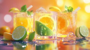 Three glasses of drinks with ice and fruit slices in them. The drinks are lemonade and orange juice photo