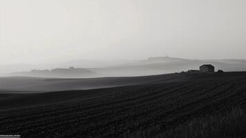 The image is a black and white photo of a vast, empty field with a house in the distance. The sky is cloudy, and the atmosphere is serene and tranquil