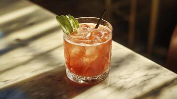 A glass of red drink with a leaf on top. The drink is on a marble countertop photo