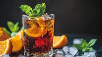A glass of soda with a lime wedge on top and a few slices of orange on the table. photo