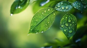 A leaf with water droplets on it. The leaf is green and the water droplets are clear photo