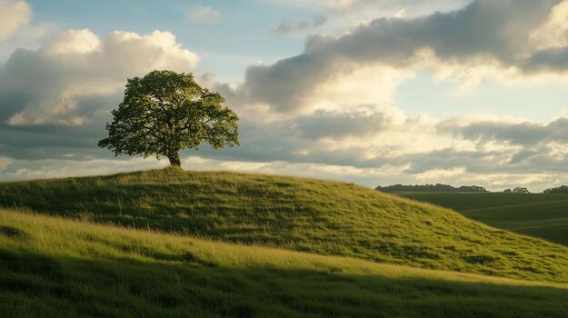 A lone tree stands in a grassy field. The sky is cloudy and the sun is setting photo