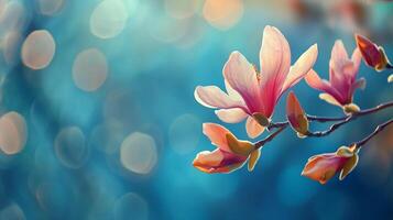 A pink flower with a blue background. The flower is the main focus of the image. The blue background creates a calming and serene atmosphere photo