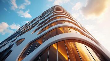 The building has a very modern and sleek design. The windows are large and the building is very tall photo