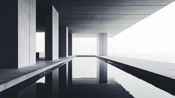A long, empty pool with a reflection of the sky in the water. The pool is surrounded by pillars and is located in a large, empty space photo