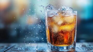 A glass of ice cold tea with a splash of water. The glass is half full and the water is splashing out of it photo