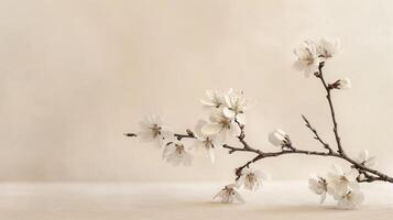 Spring cherry blossoms twig card mockup Product photography space for text photo