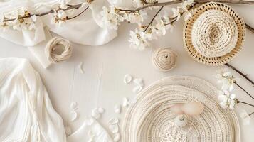 Spring cherry blossoms composition table Product photography Flat Lay Mockup photo