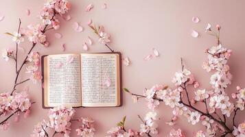 Open Bible with cherry blossoms Flat Lay Mockup on pink background Product photography photo