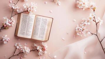 Open Bible with cherry blossoms Flat Lay Mockup on pastel background Product photography photo