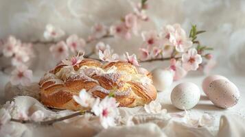 Easter eggs and Sweet Easter Bread composition Product photography background photo