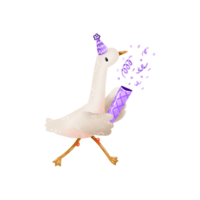 Cartoon goose with purple Firework cracker. Colorful exploding festival fireworks. Duck and Party popper confetti and serpantine salute. Happy birthday hand drawn card. png
