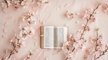 Open Bible with cherry blossoms Flat Lay Mockup on pastel background scripture study photo