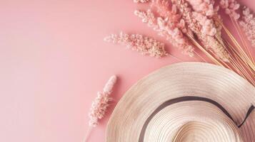 Voyage hat with flowers decor on pink background flat lay mockup product photography photo