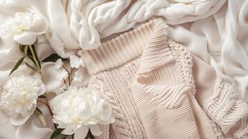White peonies flowers near coat on pastel background flat lay product photography photo