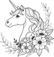 a unicorn with flowers in its head coloring page vector