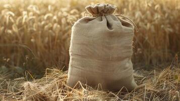 A bag of wheat in the wheat field photo