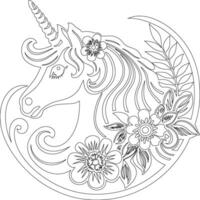unicorn coloring page with flowers and leave vector
