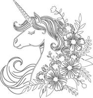 a unicorn with flowers coloring page vector