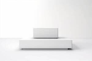 Rectangular white two stage podiums. Stage backdrop. Festive podium pyramid scene for award ceremony on white background. White pedestal for product presentation. photo
