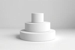 Podium on a white background. Abstract geometric minimalism. 3d illustration. Three podiums in cylinder shape isolated on white background. Pyramid stage. photo
