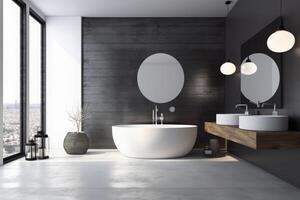 Luxury bathroom with two sinks. Gray floor. Dark gray walls. Windows to wall. Circle and rectangular mirrors. photo