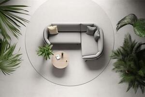 Top view of the interior with sofa, carpet, table and plants. Minimalist interior design. Gray and white colors. photo