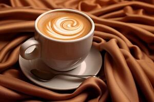 Coffee cup with plate and spoon on brown textile. Mocha color background. photo