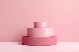 Fashion podium, mock up, blank template, minimalistic empty showcase, primitive shapes. Round cylinders pyramid podium. photo