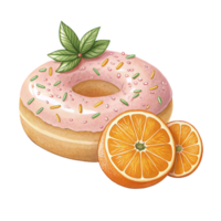 A donut with pink frosting and sprinkles next to oranges isolated on transparent background png