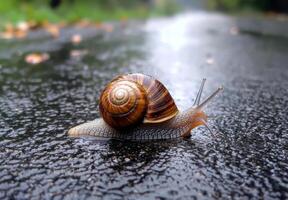 Snail slowly traverses the damp asphalt under a gentle rain, illustrating nature's quiet resilience on a rainy day photo