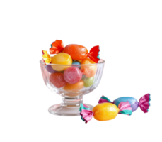 Colorful wrapped candies filling a glass bowl on transparent background png