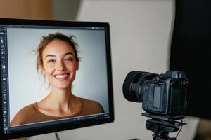 Smiling woman showcased in a professional studio with high-end camera setup and editing software displayed photo