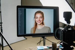 Smiling woman captured in a professional studio setting with camera and lighting equipment photo