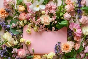 Celebrate Mother's Day with a heartfelt pink envelope overflowing with vibrant flowers and a warm message of love photo