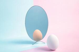 Reflecting elegance with an egg on a pastel backdrop of blue and pink in a minimalist composition photo