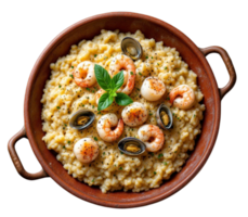 Delicious seafood risotto with shrimp, scallops, and mussels, garnished with fresh basil on transparent background png