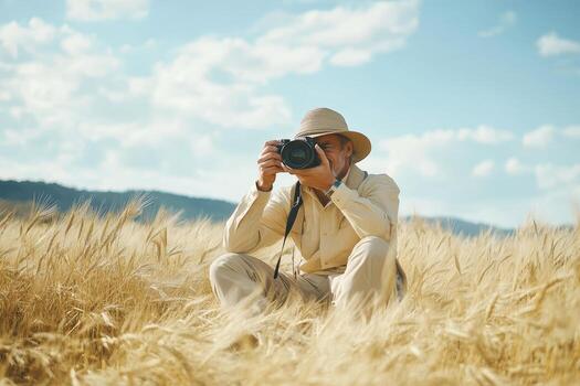 Capturing the beauty of golden wheat fields on a sunny day with a camera in hand photo