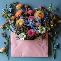 Delicate pink envelope brimming with colorful flowers celebrating Mother's Day in a charming setting photo