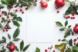 Surrounded by nature's bounty, a blank canvas awaits creative inspiration amidst vibrant pomegranate and lush leaves photo
