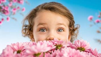 Gentle child with eyes wide open smelling pink flowers in nature outdoor joyful experience photo