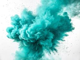 Mesmerizing teal particle cloud explosion studio setting dynamic visuals abstract art aesthetic display photo