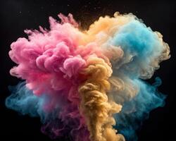 Vibrant swirling cloud of powder paint particles artistic display studio setting colorful environment dynamic viewpoint photo