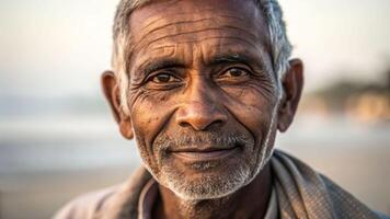 Gentle wisdom of a weathered face capturing kindness by the sea portrait photography calm environment close-up view photo