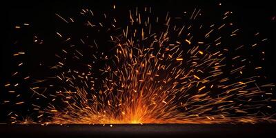 Particle sparks erupting from fiery explosion dark background high-definition image industrial environment dramatic viewpoint photo