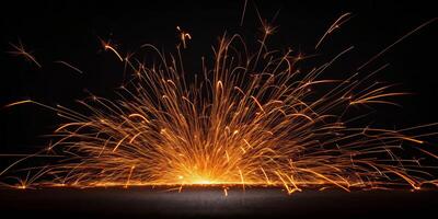 Fiery particle explosion showcase dark background visual art dramatic scene close-up concept of energy photo