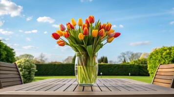 Summertime bouquet of colorful tulips in a vase garden table floral photography bright environment close-up view photo