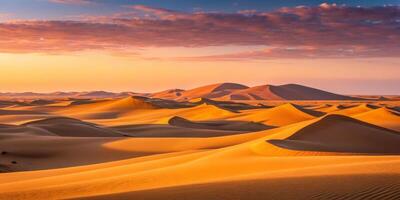 Panoramic view of vast desert landscape with soft dunes and warm tones at sunset photo