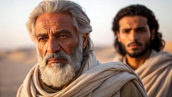 Gentle reflection of wisdom desert landscape close-up portrait warm atmosphere emotional depth photo