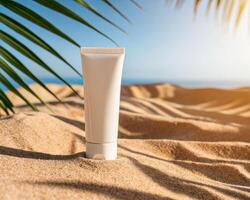 Daytime skincare application beach product display sandy environment close-up view natural beauty concept photo